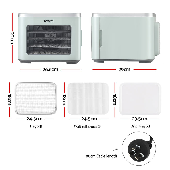 Devanti Food Dehydrator Machine 5 Tray Mini Fruit Dryer Maker Green - Devanti