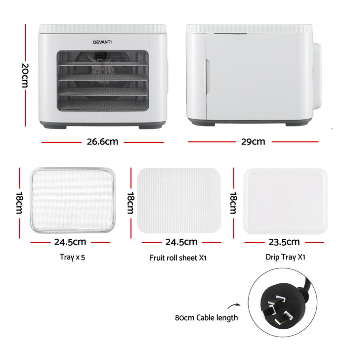 Devanti Food Dehydrator Machine 5 Tray Mini Fruit Dryer Maker White - Devanti