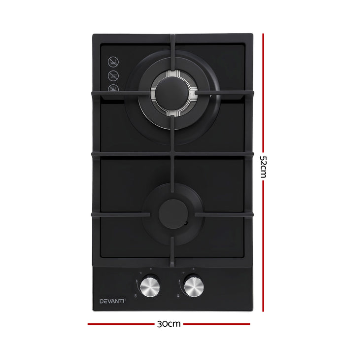 Devanti Gas Cooktop 30cm 2 Burner Built-in Stove Glass Cook Top NG LPG Wok Burner - Devanti