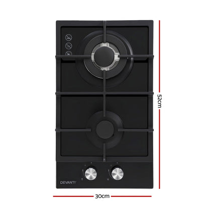 Devanti Gas Cooktop 30cm 2 Burner Built-in Stove Glass Cook Top NG LPG Wok Burner - Devanti