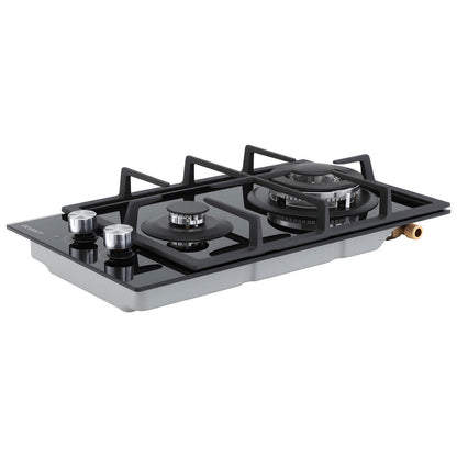 Devanti Gas Cooktop 30cm 2 Burner Built-in Stove Glass Cook Top NG LPG Wok Burner - Devanti