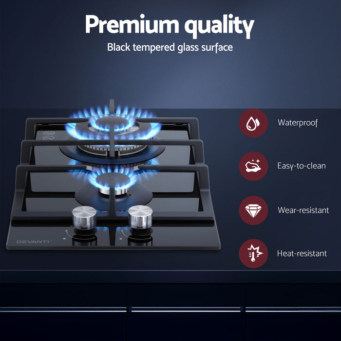 Devanti Gas Cooktop 30cm 2 Burner Built-in Stove Glass Cook Top NG LPG Wok Burner - Devanti