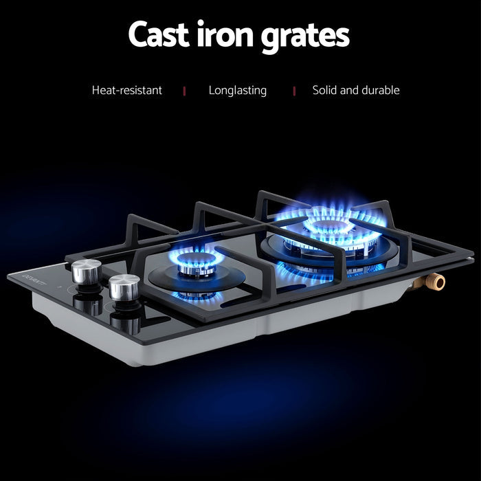 Devanti Gas Cooktop 30cm 2 Burner Built-in Stove Glass Cook Top NG LPG Wok Burner - Devanti