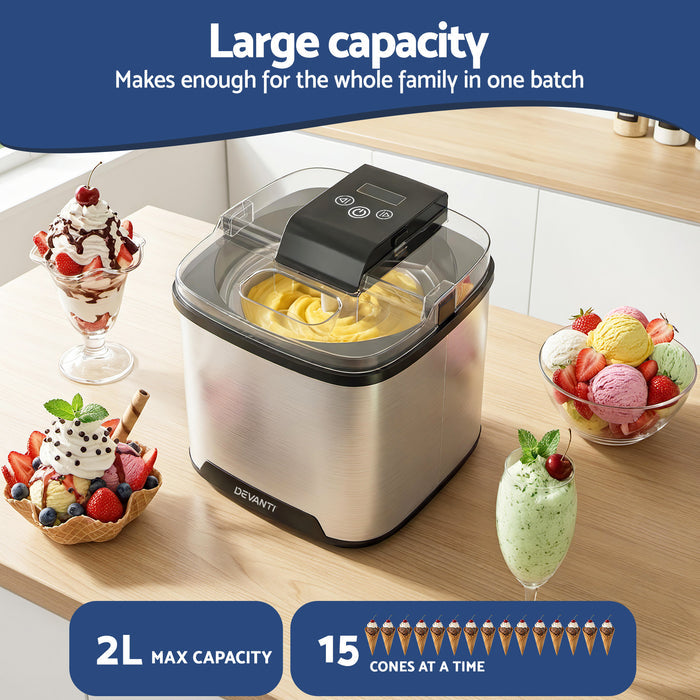 Devanti Ice Cream Maker Machine 2L Homemade Gelato Sorbet Frozen Drinks Sliver - Devanti