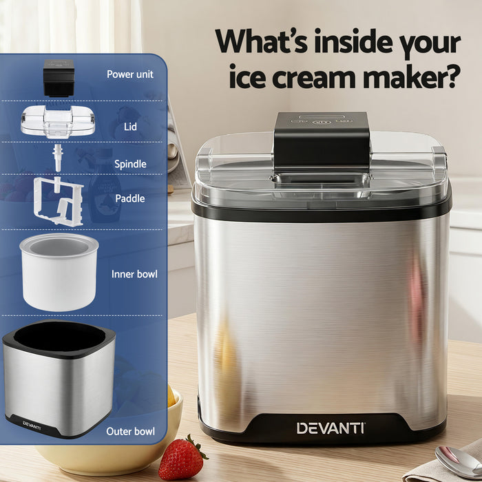 Devanti Ice Cream Maker Machine 2L Homemade Gelato Sorbet Frozen Drinks Sliver - Devanti