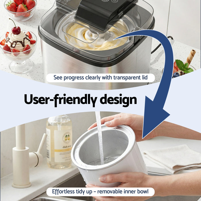 Devanti Ice Cream Maker Machine 2L Homemade Gelato Sorbet Frozen Drinks Sliver - Devanti