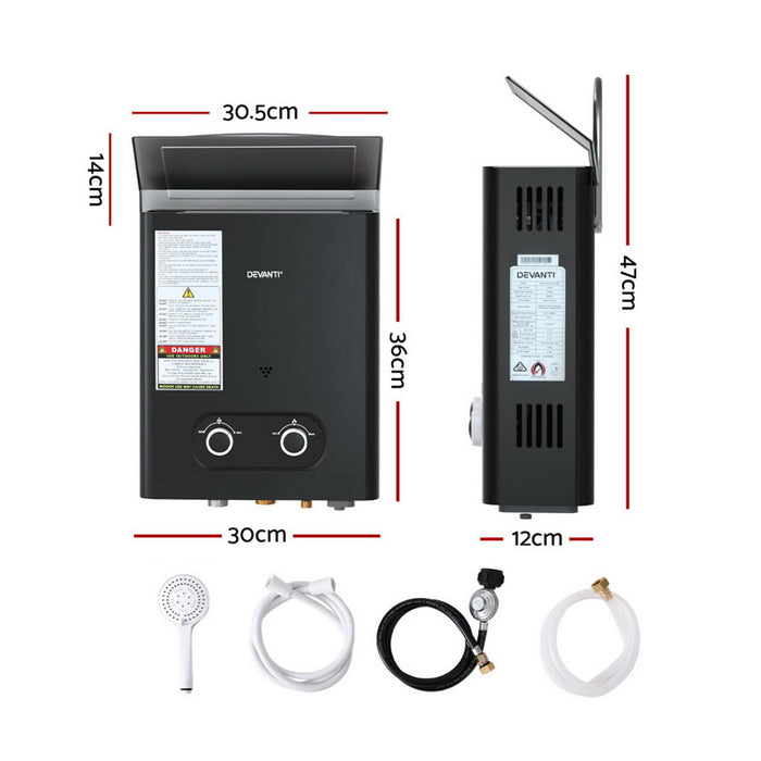Devanti Portable Gas Water Heater LPG-powered System Black - Devanti