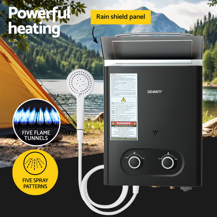 Devanti Portable Gas Water Heater LPG-powered System Black - Devanti