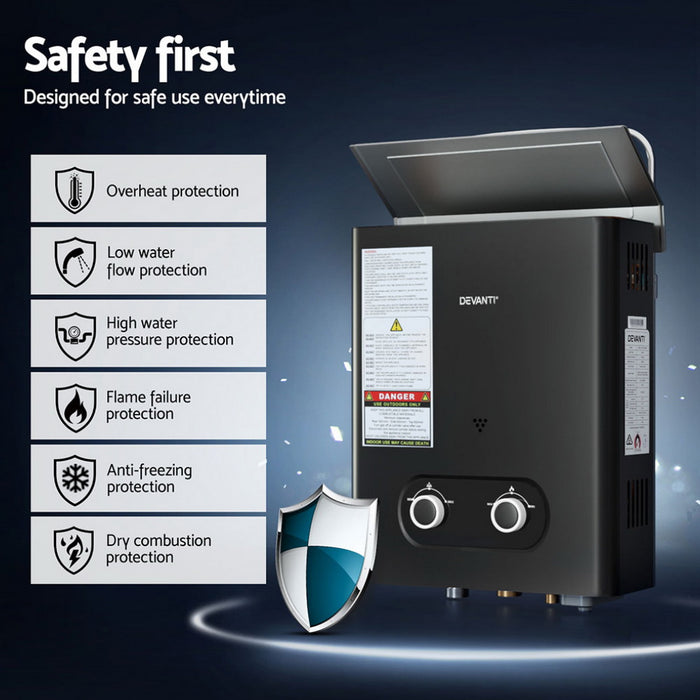 Devanti Portable Gas Water Heater LPG-powered System Black - Devanti