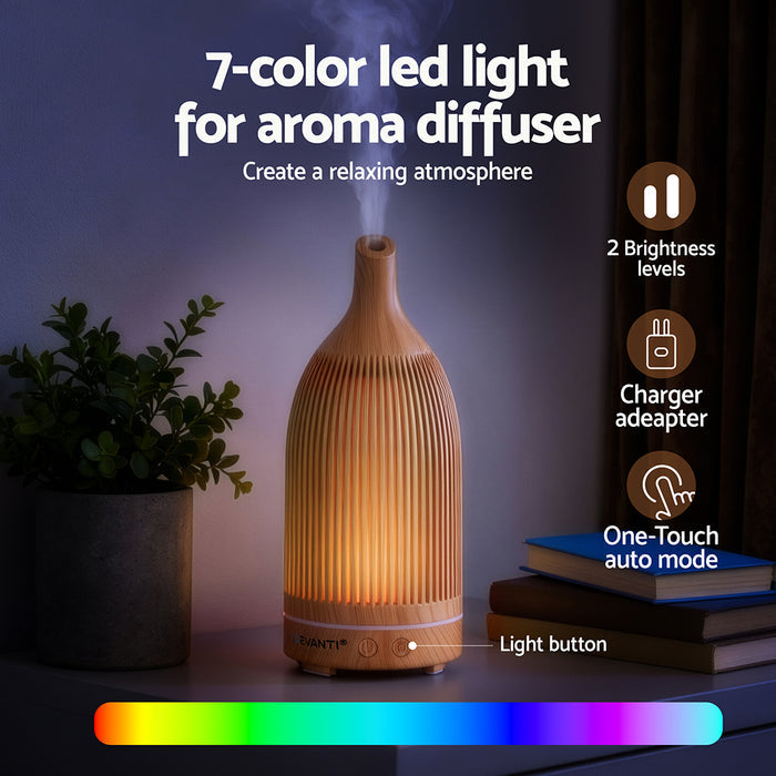 Devanti Ultrasonic Aroma Diffuser Aromatherapy 200ml LED Lights Iron Humidifier Forest Light wood grain - Devanti