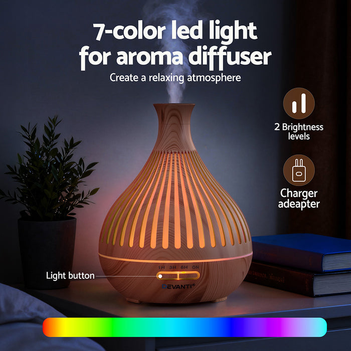 Devanti Ultrasonic Aroma Diffuser Aromatherapy 400ml LED Lights Iron Humidifier Forest Light wood grain - Devanti