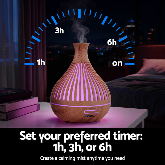 Devanti Ultrasonic Aroma Diffuser Aromatherapy 400ml LED Lights Iron Humidifier Forest Light wood grain - Devanti