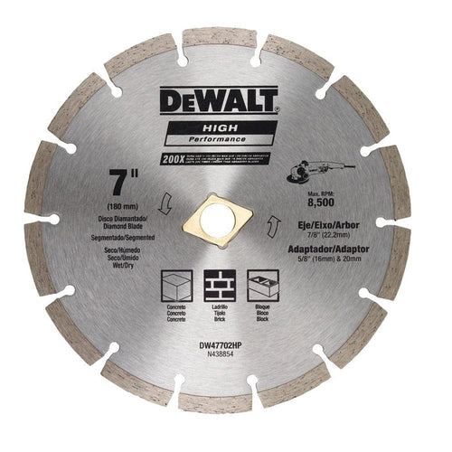 Dewalt Diamond Blade Segmented 7 Inches (180MM) Wet/Dry Use For General Purpose Cutting Of Cured Concrete, Pavers, Brick, Block, Bluestone, Flagstone Or Any Similar Materials - DW47702HP MEGA