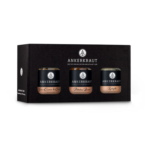 Dip Set von Ankerkraut, bestehend aus drei Korkengläsern in einer schwarzen Geschenkbox.