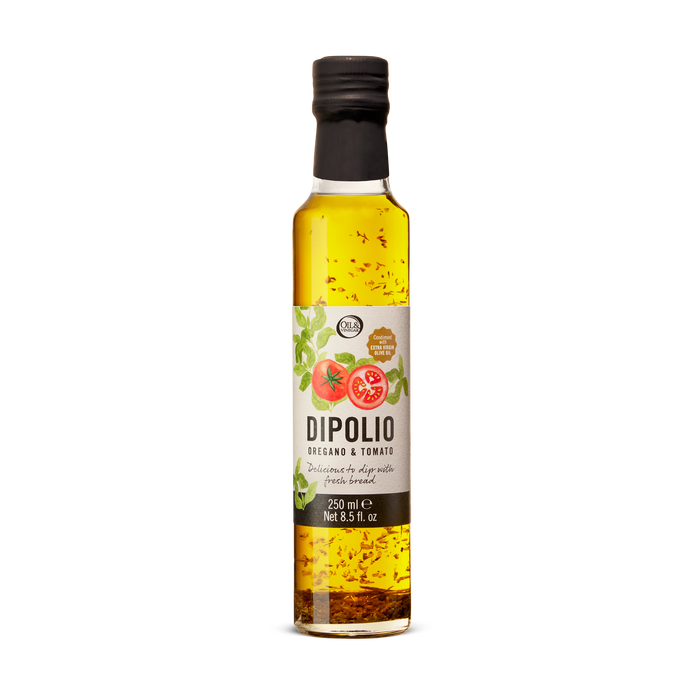 Bottle of Dipolio oregano and tomato oil on a white background