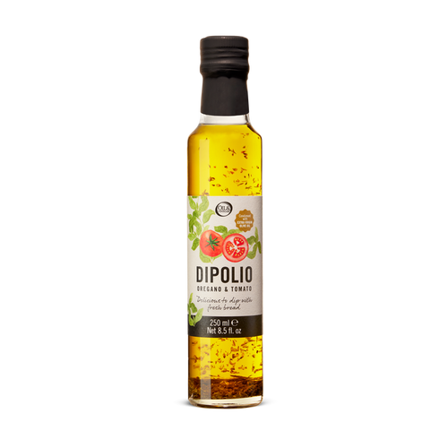 Bottle of Dipolio oregano and tomato oil on a white background