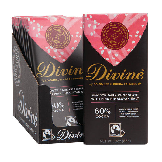 Divine Bars 68% Dark Chocolate With Pink Himalayan Salt 3oz - 12ct
