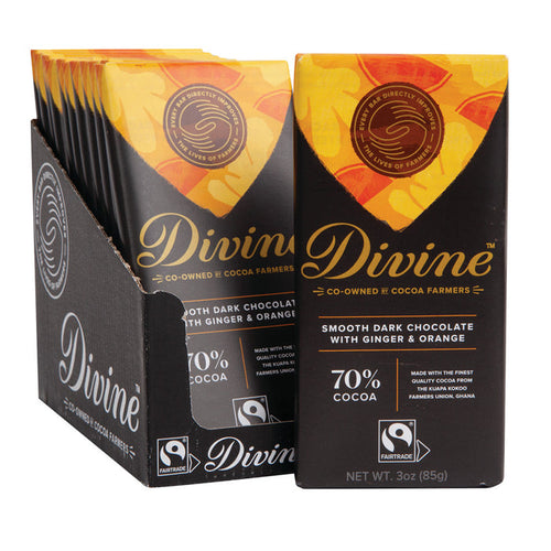 Divine Bars 70% Dark Chocolate With Ginger & Orange 3oz - 12ct