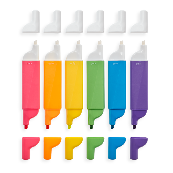 Image of Do-Overs Erasable Highlighters lined up in a row with caps off