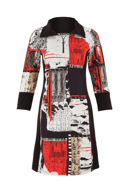 Dolcezza 75644 Abstract Red & Black Zip Neck Dress - Dotique - Dolcezza