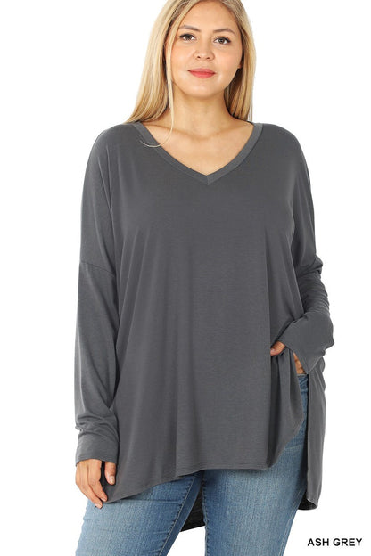 Dolman Sleeve V- Neck Side Slit Hi-Low Hem Curvy Girl Top