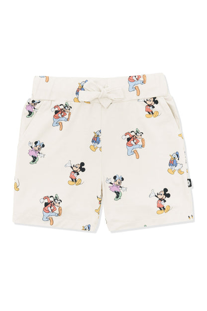 Drawstring short with mickey mouse and friends print on an oat background