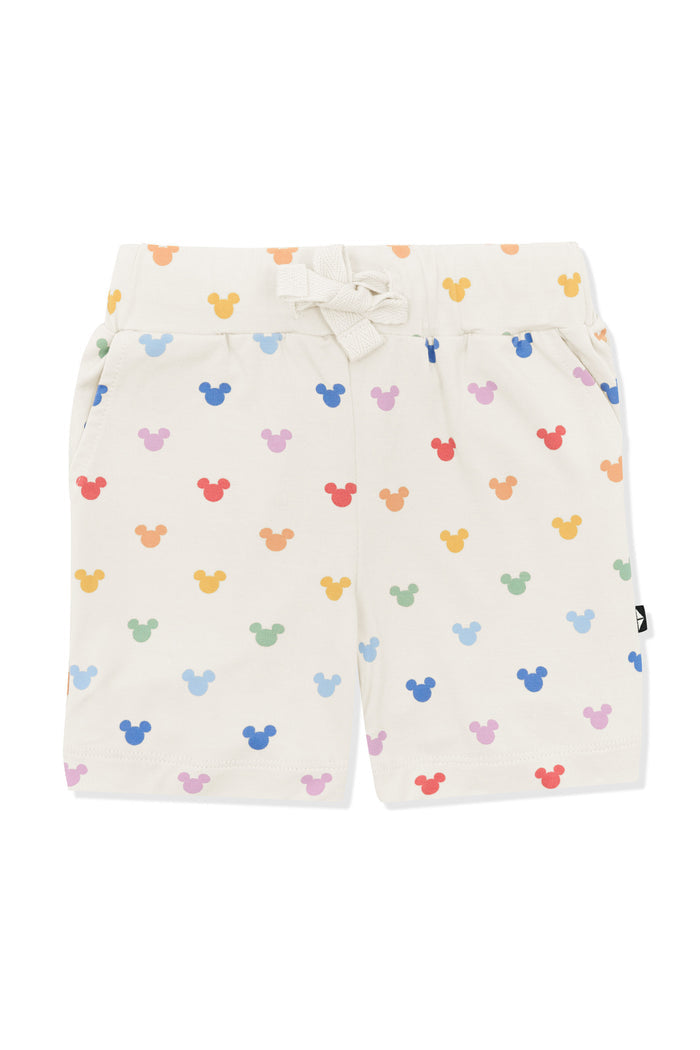 Drawstring short with pastel mickey mouse pattern on an oat background