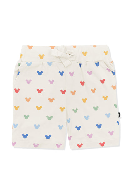 Drawstring short with pastel mickey mouse pattern on an oat background