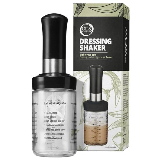 A clear dressing shaker with a black shake handle, displayed alongside its packaging which has 'DRESSING SHAKER' text and recipes written on it.