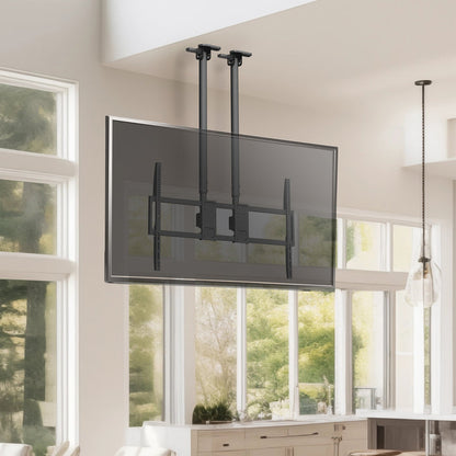 TV mounted on a ceiling mount in a room with large windows