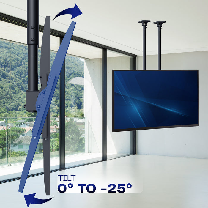 TV mounted on a ceiling with adjustable VESA bracket showing tilt range.