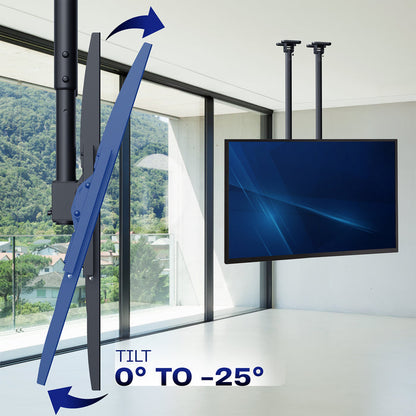 TV mounted on a ceiling with adjustable VESA bracket showing tilt range.