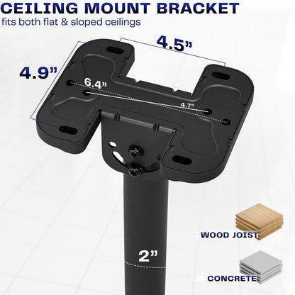 Ceiling mount bracket with dimensions and compatibility information on a white background