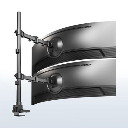 Two ultrawide computer monitors on a stand with a light blue background