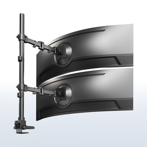 Two ultrawide computer monitors on a stand with a light blue background