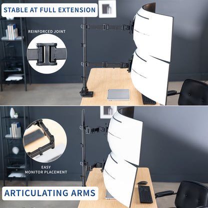 Monitor stand with articulating arms on a desk, showing stability and ease of use.