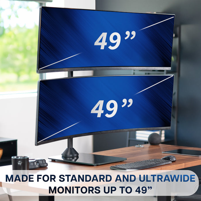 Two 49-inch monitors on a desk with text indicating screen size and compatibility.