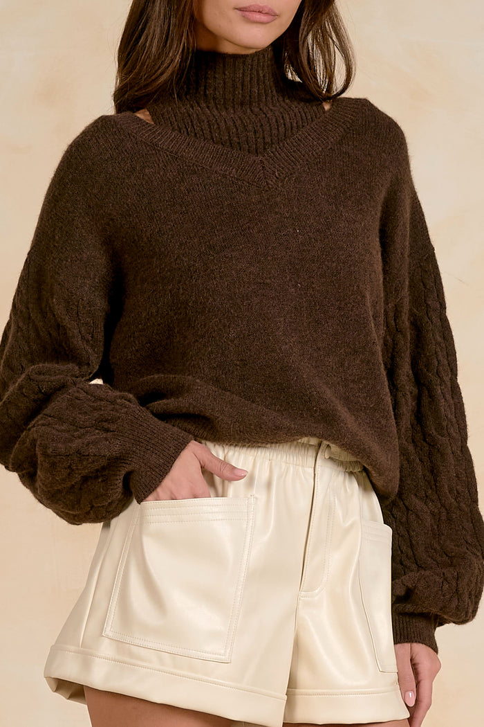 Elan SW11728 Layered Sweater – Deep Brown on model. Shop Elan at Dotique