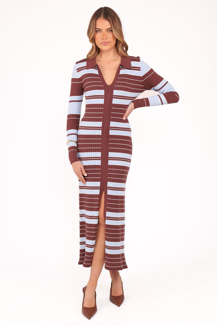 Petal and Pup USA DRESSES Eliana Long Sleeve Midi Dress - Brown Blue Stripe