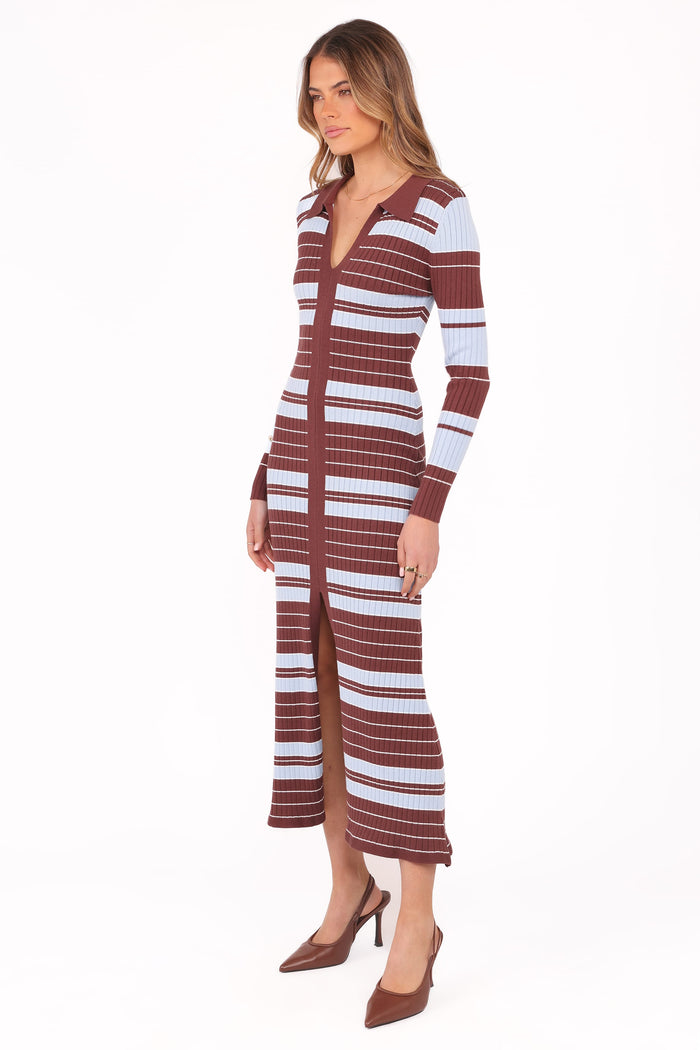 Petal and Pup USA DRESSES Eliana Long Sleeve Midi Dress - Brown Blue Stripe