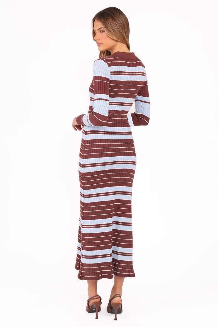 Petal and Pup USA DRESSES Eliana Long Sleeve Midi Dress - Brown Blue Stripe