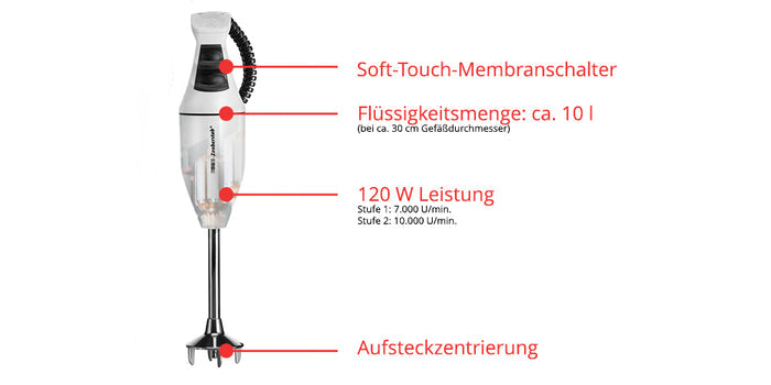 Der Stabmixer Unold ESGE-Zauberstab® E 120 Select Weiß verfügt über einen Soft-Touch-Membranschalter, 10 l Flüssigkeitskapazität, 120 W Leistung mit zwei Geschwindigkeitsstufen und einen Stecker mittig an der Unterseite des Mixschafts.