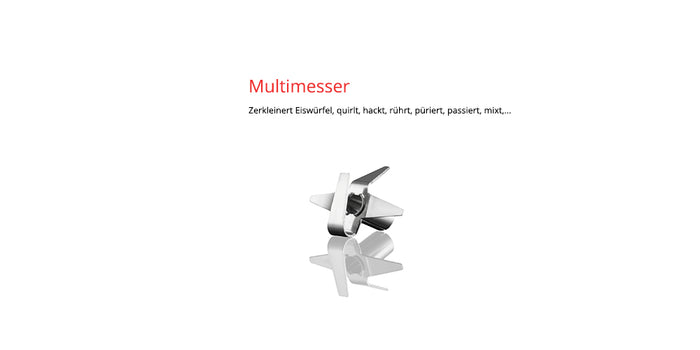 Der Mehrklingenmesseraufsatz aus Metall Unold ESGE-Zauberstab® M 100 Design Schwarz wird auf weißem Hintergrund mit deutschem Text darüber abgebildet, der seine Hack-, Mix- und Pürierfunktionen detailliert beschreibt.