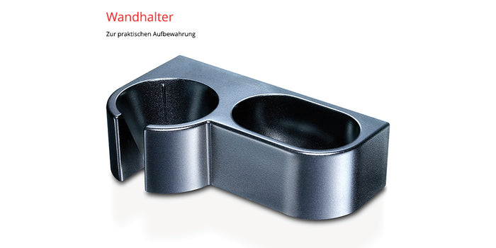 Der Unold ESGE-Zauberstab® M 100 Design Schwarz ist ein schwarzer Wandhalter mit zylindrischen und rechteckigen Fächern zur praktischen Aufbewahrung. „Wandhalter“ und „Zur praktischen Aufbewahrung“ werden oben angezeigt.