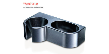 Der Unold ESGE-Zauberstab® M 100 Design Schwarz ist ein schwarzer Wandhalter mit zylindrischen und rechteckigen Fächern zur praktischen Aufbewahrung. „Wandhalter“ und „Zur praktischen Aufbewahrung“ werden oben angezeigt.