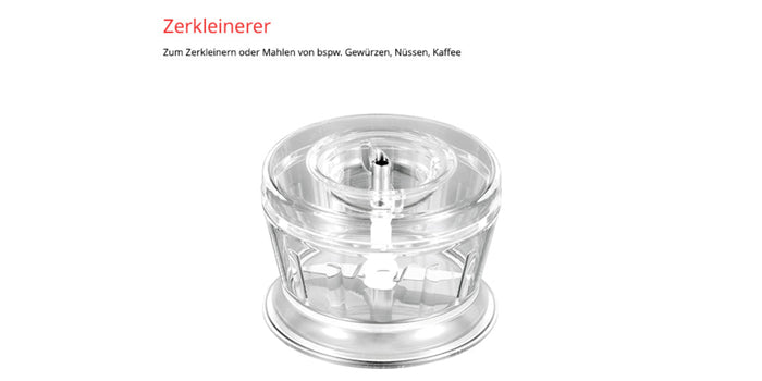 Der Unold ESGE-Zauberstab® M 122 De Luxe ist ein transparenter Zerkleinerer mit rundem Behälter und innenliegenden Klingen, ideal zum Zerkleinern und Mahlen von Gewürzen, Nüssen und Kaffee. Ein deutscher Text über dem Produkt erklärt die Anwendung.