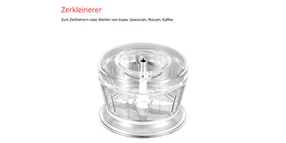 Der Unold ESGE-Zauberstab® M 122 De Luxe ist ein transparenter Zerkleinerer mit rundem Behälter und innenliegenden Klingen, ideal zum Zerkleinern und Mahlen von Gewürzen, Nüssen und Kaffee. Ein deutscher Text über dem Produkt erklärt die Anwendung.