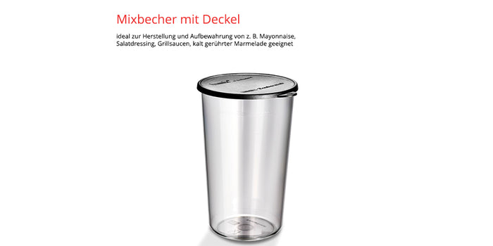 Auf weißem Grund ist der Unold ESGE-Zauberstab® M 122 De Luxe Mixbecher mit Stülpdeckel abgebildet, darüber steht ein deutscher Text, der auf die Eignung für Mayonnaise, Salatdressings, Grillsaucen und gerührte Marmelade hinweist.