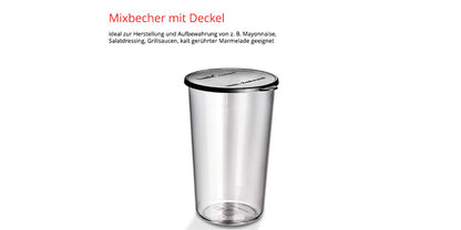 Auf weißem Grund ist der Unold ESGE-Zauberstab® M 122 De Luxe Mixbecher mit Stülpdeckel abgebildet, darüber steht ein deutscher Text, der auf die Eignung für Mayonnaise, Salatdressings, Grillsaucen und gerührte Marmelade hinweist.