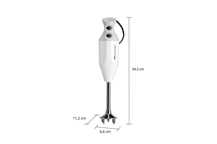 Der ESGE-Zauberstab® M 122 S von ESGE-Zauberstab ist ein weißer Stabmixer mit Power-Knopf und einer Höhe von 34,3 cm; sein Metall-Mixstab misst 11,2 cm und der Bodendurchmesser beträgt 6,6 cm.